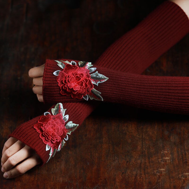 Wonens Embroidery Gloves Punk Womens Long Winter Fingerless Gloves Womens Long Winter Fingerless Gloves: Wine Red