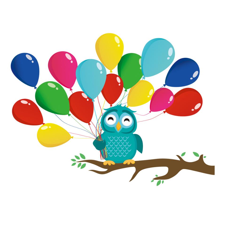 Autocollant de dessin animé branche d&#39;arbre hibou, arrière-plan avec ballons, décor de chambre à coucher pour enfants, Stickers artistiques muraux pour porte, papier peint de pépinière