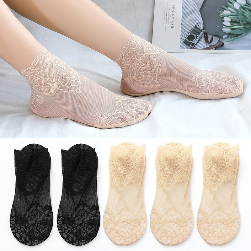 Calcetines tobilleros invisibles antideslizantes para mujer y niña, medias de malla de encaje con flores, elásticas, ultrafinas, 5 pares: 2Black 3Skin