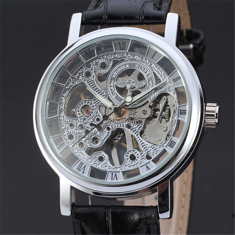 Brand Winner Casual Rvs Mannen Mechanische Horloge Skeleton Hand Wind Horloge Voor Mannen Dress Horloge