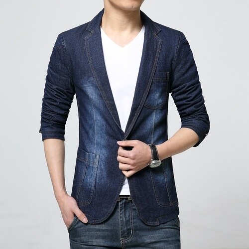 Spring Autumn Mens Denim Suit Jacket Cowboy Jacket Slim Fit Men Casual Business Denim Blazer Jacket Terno Masculino: Dark Blue / Asian Size L