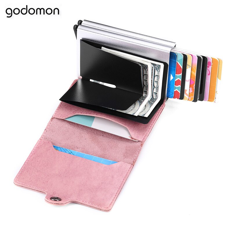 RFID Men's Leather ID Credit Card Holder Male Automatic Aluminum Alloy Hasp Business Double Layer Cardholder Wallet for Man