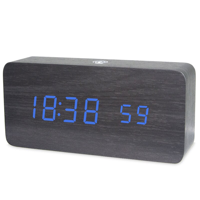 Led digital de madeira despertador app controle tempo temperatura data eletrônico desktop relógio usb bateria brilho controle de som: BLACK-BLUE
