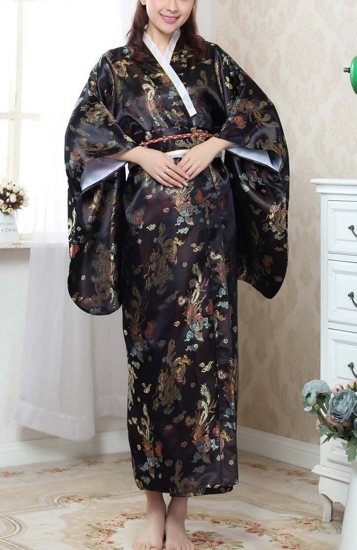 Svart rød tradisjonell yukata japansk kvinners silke kimono med obi årgang forestilling dansekjole en størrelse  wk009: Svart