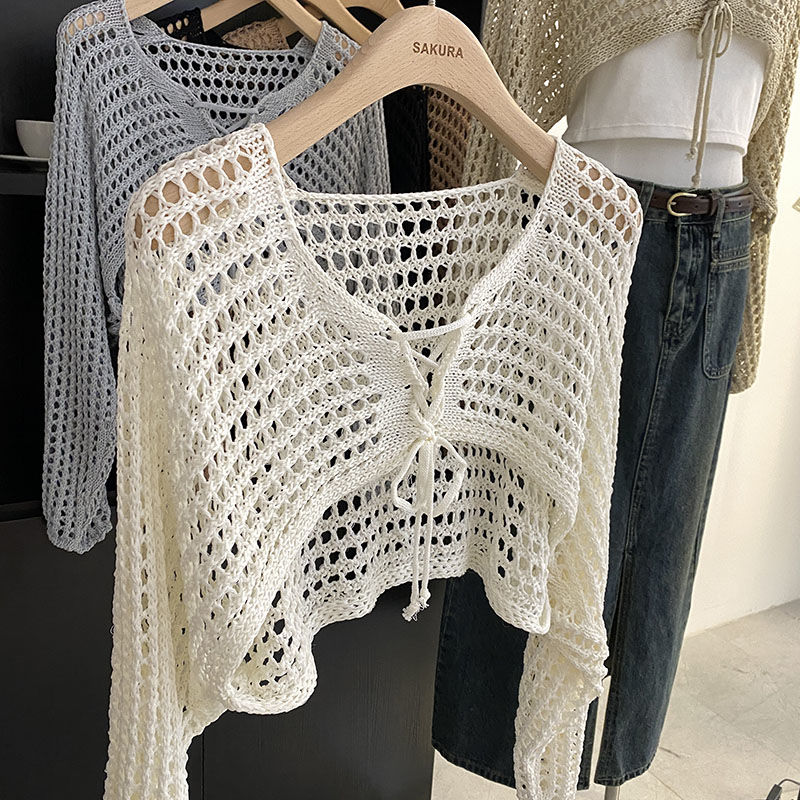 Uitgeholde korte stijl met hemdje gebreide trui voor dames zomer losse cover-up zonwering top met lange mouwen: WHITE