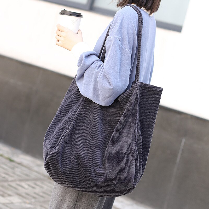 Kvinder vintage corduroy skuldertaske stor kapacitet kvindelig stor tote håndtaske folde genanvendelige indkøbsposer stofposer: Mørkegrå