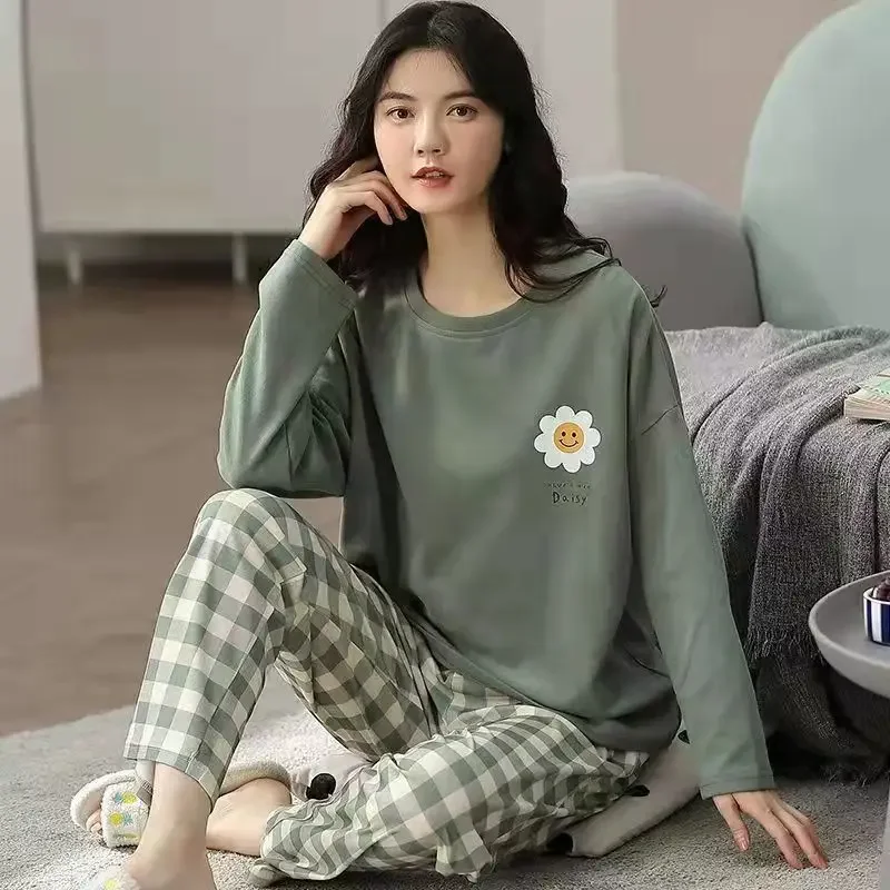 Kvinders pyjamas forår og efterår langærmet efterår og vinter hjemmetøj plus size enkelt løstsiddende jakkesæt overtøj: Xxl / Beige
