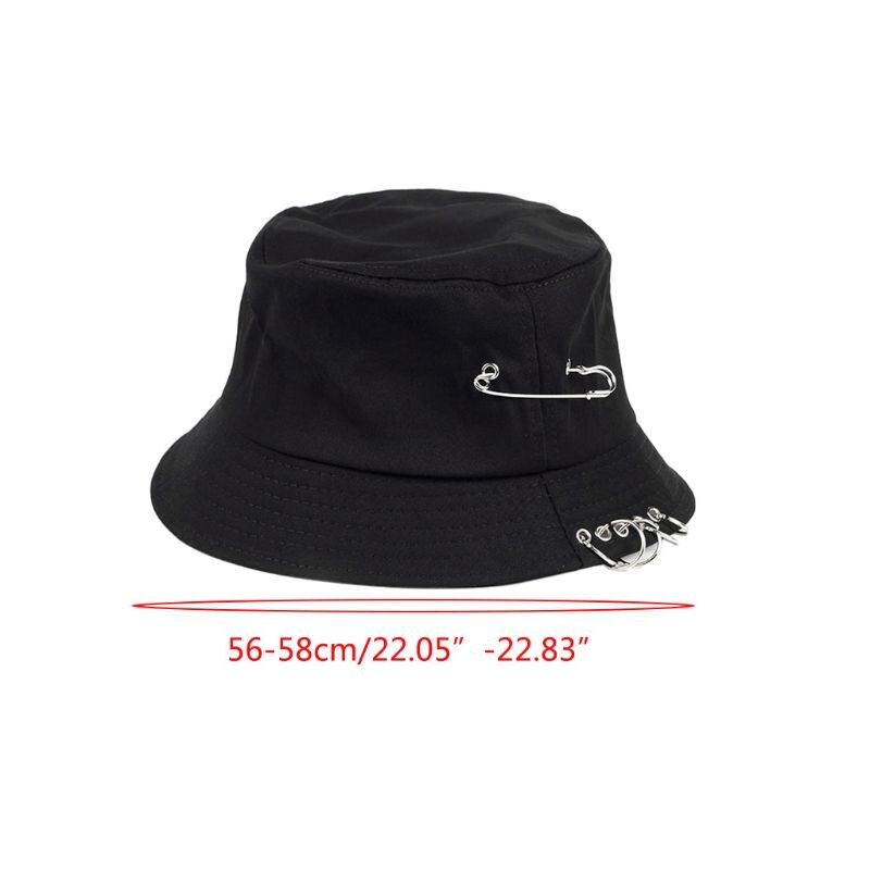 Harajuku Punk algodón personalidad sombrero de cubo Metal Pin o-anillos Color sólido ala ancha protector solar plegable Hip Hop pescador Cap