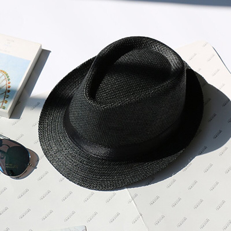 Summer Men Women Children Paper Straw Hat Trilby Gangster Cap Beach Sun Hats Straw Parent-child Jazz Hats Travel Fedoras GH-625: black ribbon / 58cm