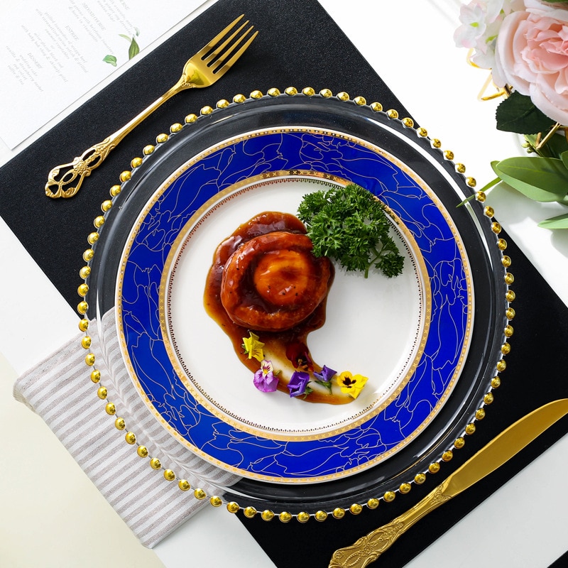 Nordic Blue Dinner Plate Set Bead Glass Charger Plate for Dinner Fancy Serving Plate for Wedding 10 inch beautiful Crockery