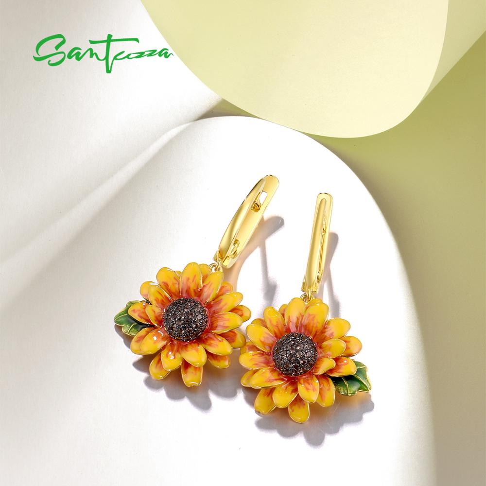 Santuzza Zilveren Oorbellen Voor Vrouwen Pure 925 Sterling Zilver Delicate Zonnebloem Trendy Oorbellen Fijne Sieraden Handgemaakte Emaille