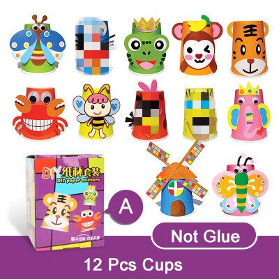 12pcs/set Kids Animals DIY handmade paper cups sticker material kit Children kindergarten school art craft Educational toys ZXH: DW With box