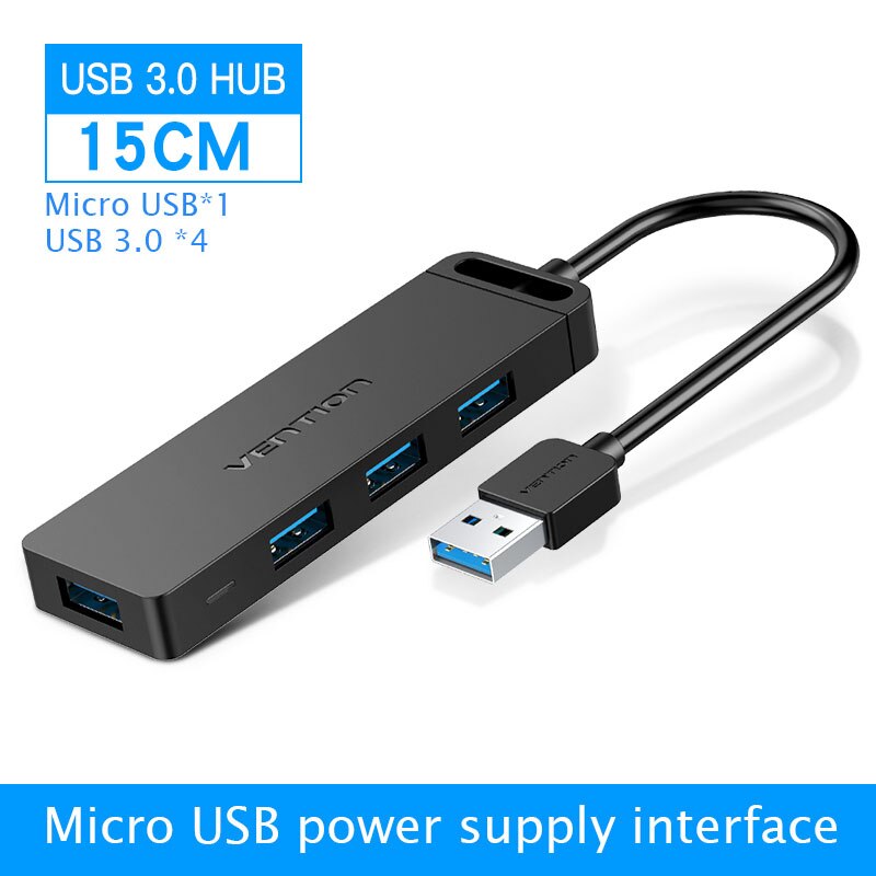 Vention USB HUB 4 Port USB 3.0 2.0 Splitter With Micro USB Power Port Multiple High Speed OTG Adapter for Computer Laptop phone: Black CHLBB