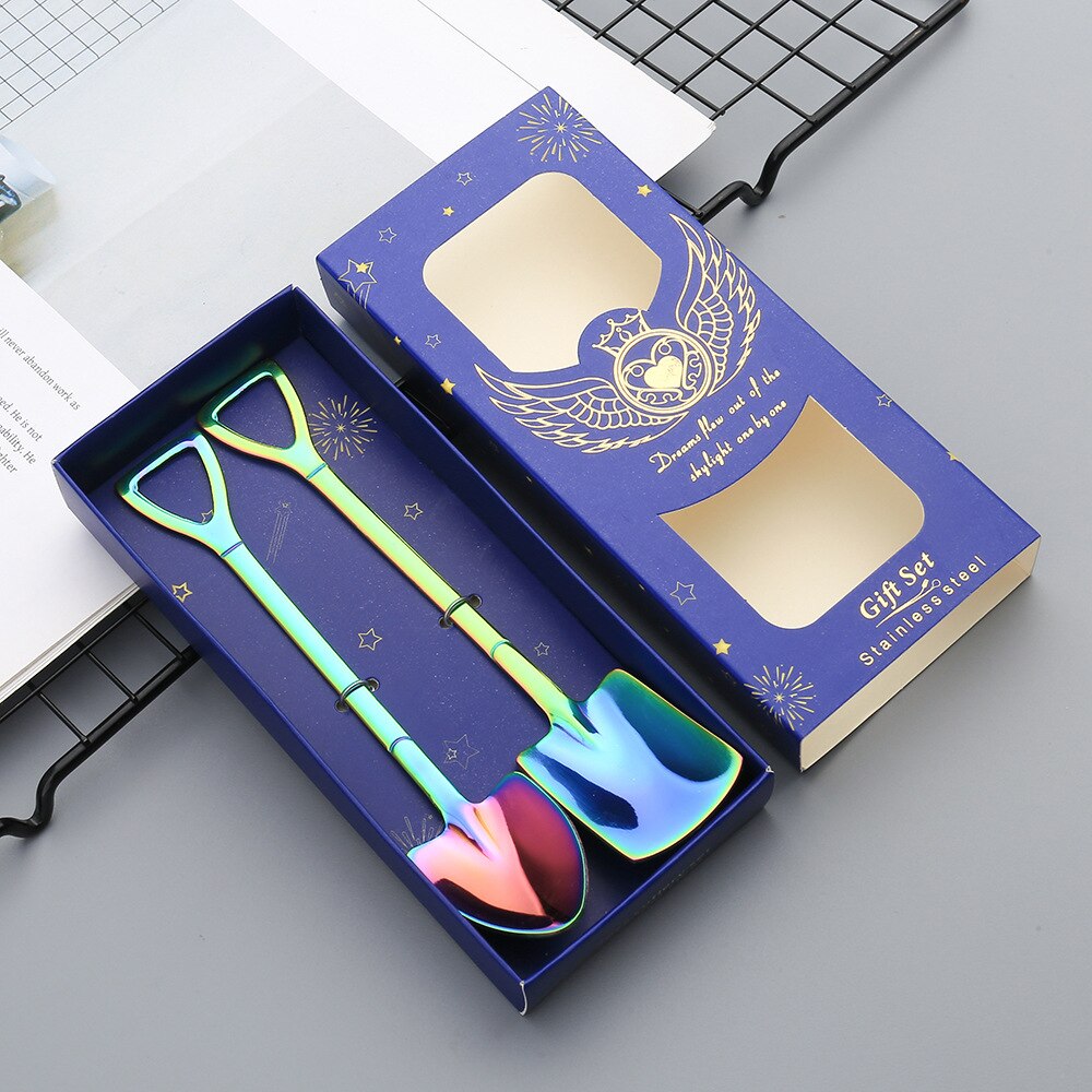 Beautifully packaged coffee spoon tea spoon stirring stainless steel spoon set watermelon dessert ice cream spoon: BLUE-X-2PC