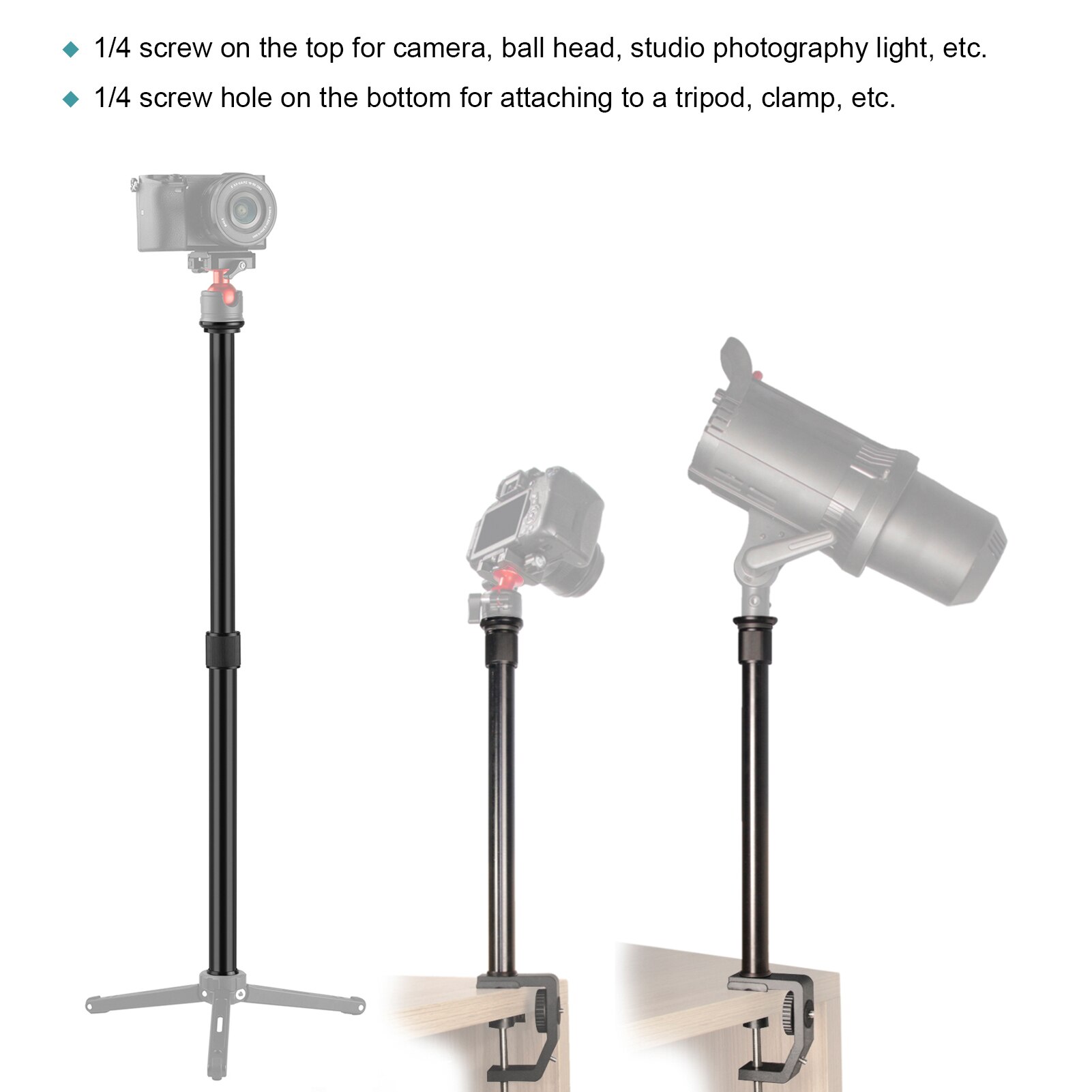 Asta di prolunga per treppiede regolabile con morsetto universale in lega di alluminio C con vite da 1/4 pollici lunghezza regolabile per fotografia fotografica