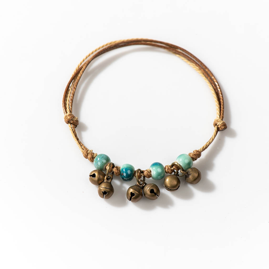 Handmade Ceramic Retro Style Beads Adjustable Size Bracelet Small Bell Low Price Items 1H901: REDDISH BROWN