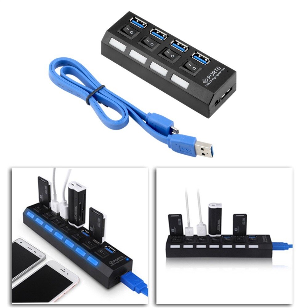 USB 3.0 Hub 4 Ports Super Speed 5Gbps 4-port USB 3.0 Hub With on/off Switch For Windows Mac OS Linux PC Laptop Black