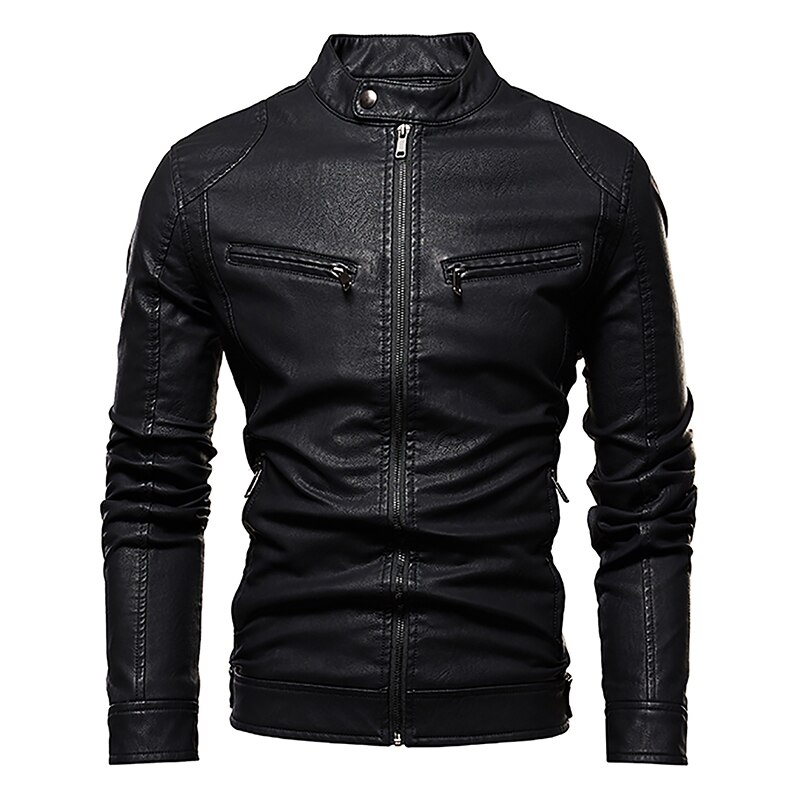 Thoshine Brand Slim Lederen Jassen Mannen Superieure Zip Mode Uitloper Jassen Stand Kraag Man Lente Herfst Jassen Tops: Black / S