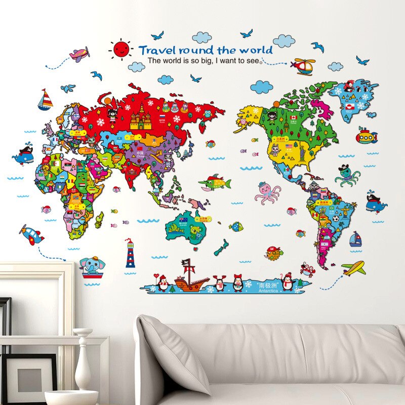 Cartoon world travel map wall sticker PVC material DIY wall decals For Living room sofa background kids room wall decor stickers