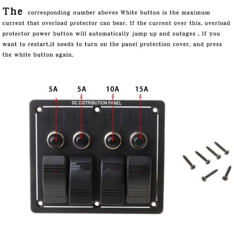 4 Gang Red LED Waterproof Rocker Panel Switch w/Lens For Marine Boat 12-24V