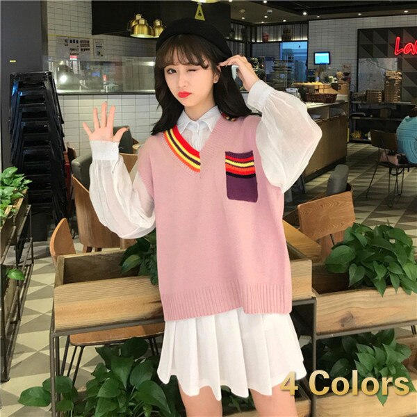 Tröja väst dam regnbågsficka stickad ärmlös dam all-match pullover elasticitet lös enkel höst ulzzang: 5037- rosa