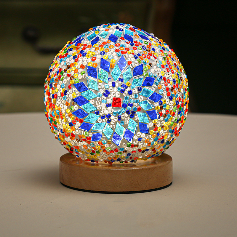 Mozaïek glazen bol tafellamp, bollamp met houten voet, turkse marokkaanse ronde kleine lamp voor slaapkamer, woonkamer en huisdecoratie.: Wit / Blauw