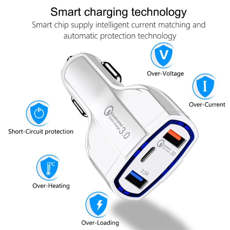 URVNS 3 porty 7A ładowarka samochodowa USB szybkie ładowanie 3.0 QC3.0 typ C szybkie ładowanie ładowarka samochodowa USB dla iPhone Xiaomi telefon komórkowy: biały