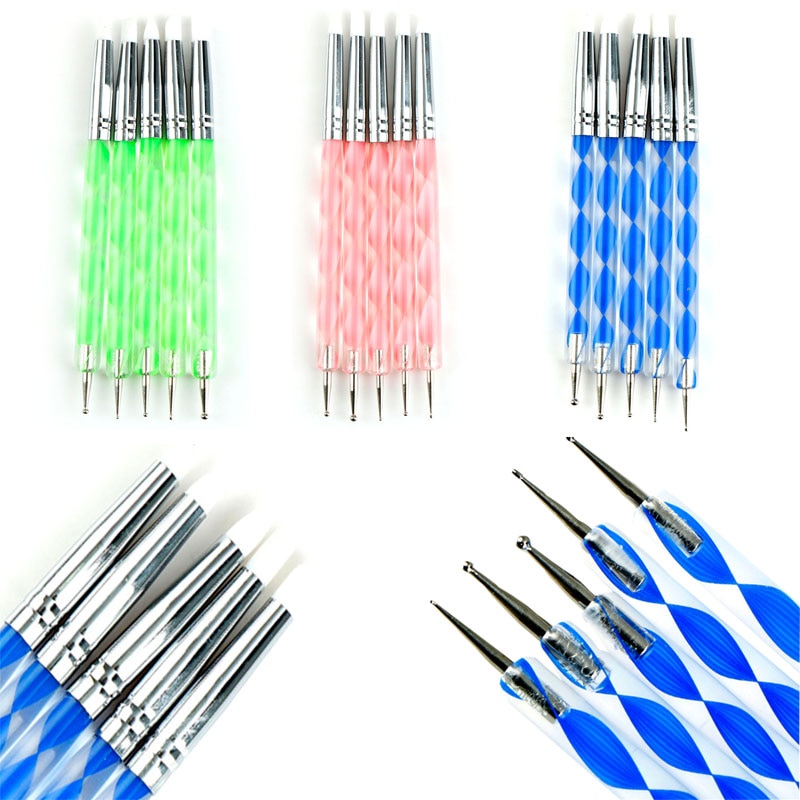 AACAR 5pc Double Head Pick Rhinestone Manicure Tool Nail Art Silicone Dotting Pen Brush Sculpture Emboss Carving Shaping Paint