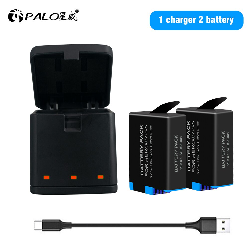 Palo 100%  original til gopro hero 7 hero 6 hero 5 batteri til go pro hero 7 6 hero 5 gopro hero 8 sort afkode kamera batteri: 2 batterier 1 oplader