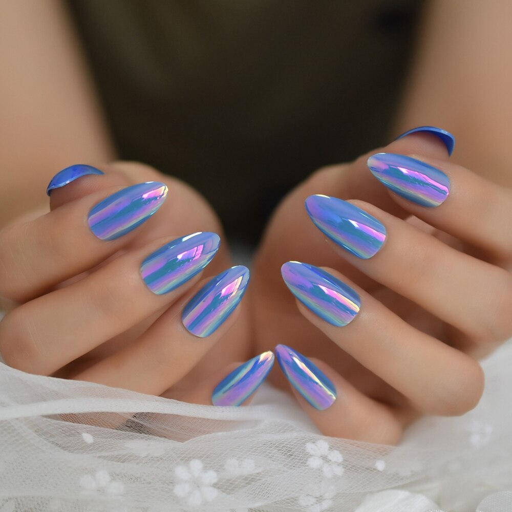 Céu azul holográfico unhas falsas stiletto, médio cromado espelho de plástico curva brilhar it a unha com cola