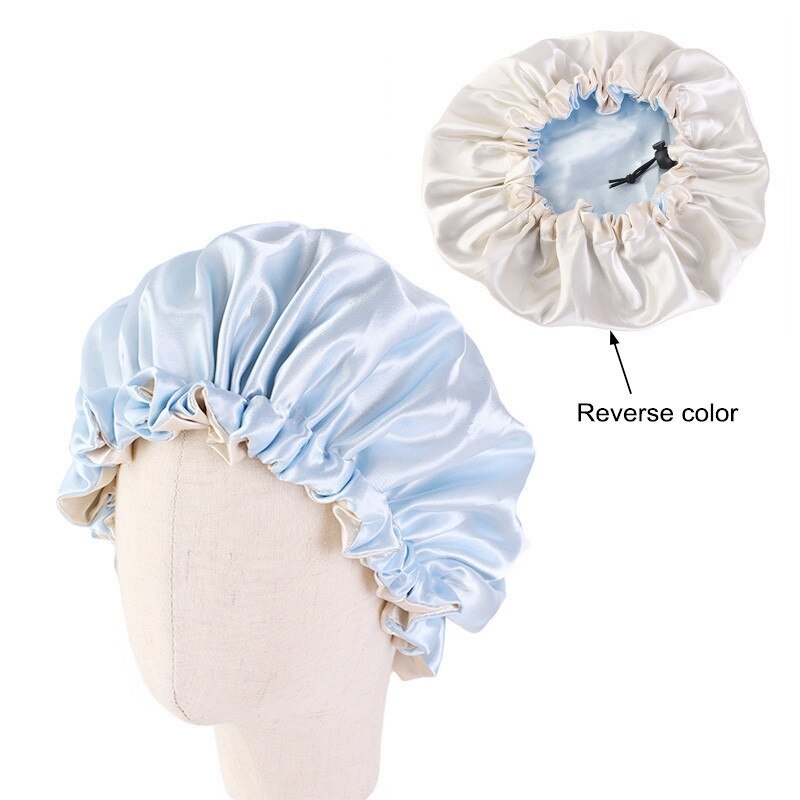 Adjustable Baby Hair Caps Silky Satin Bonnet Double Layer Sleep Cap Night Turban Children Solid Headwear Cute Hat Hair Wear: Sky Blue