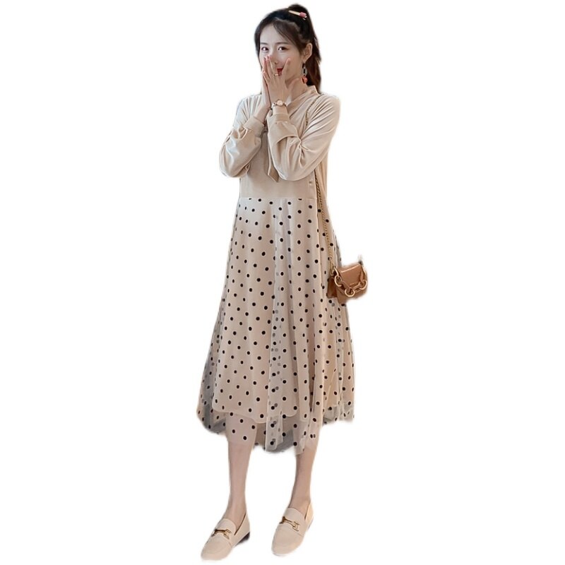 Abito per allattamento premaman invernale 2022 con fodera in velluto vestiti per allattamento a pois colletto con fiocco abito per allattamento al seno donna incinta