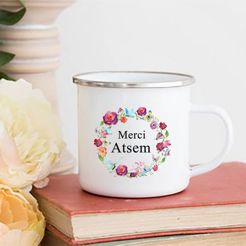 Merci atsem blomma tryck muggar kaffe te koppar drycker vatten mjölk kopp emalj mugg skolhandtag drinkware atsem: Xh10039-a015wh-8