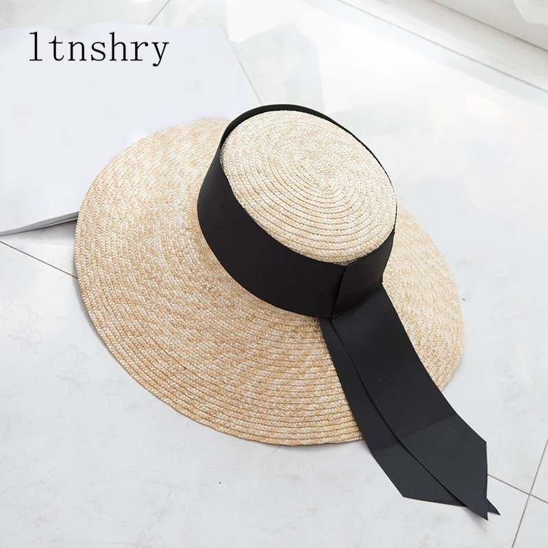 Sommer solhat kvinder bred side sort bånd stråhatte solskærmshatte strand solhatte med 13cm bred skygge dame retro