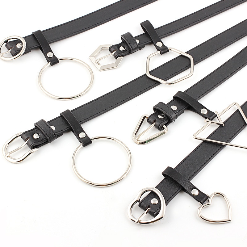 Cinturón de piel sintética con hebilla geométrica para mujer, cinturón con hebilla en forma de corazón, triángulo hexagonal redondo