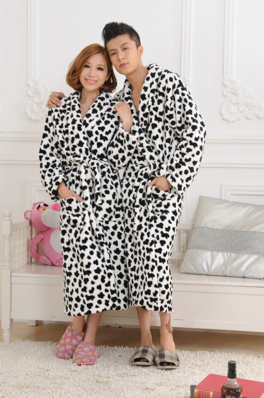 Unisex Men Flannel Warm Thickening Leopard Print Long Robe Soft Bathrobe Towelling Bath Robe Dressing Gown Nightwear