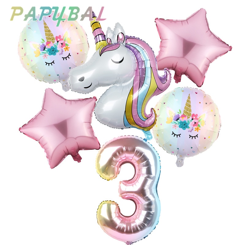 6pcs Rainbow Gradient Unicorn Party Balloon 32 inch Number Birthday Party Decorations Kids Unicorn Party Wedding Balloons Globos