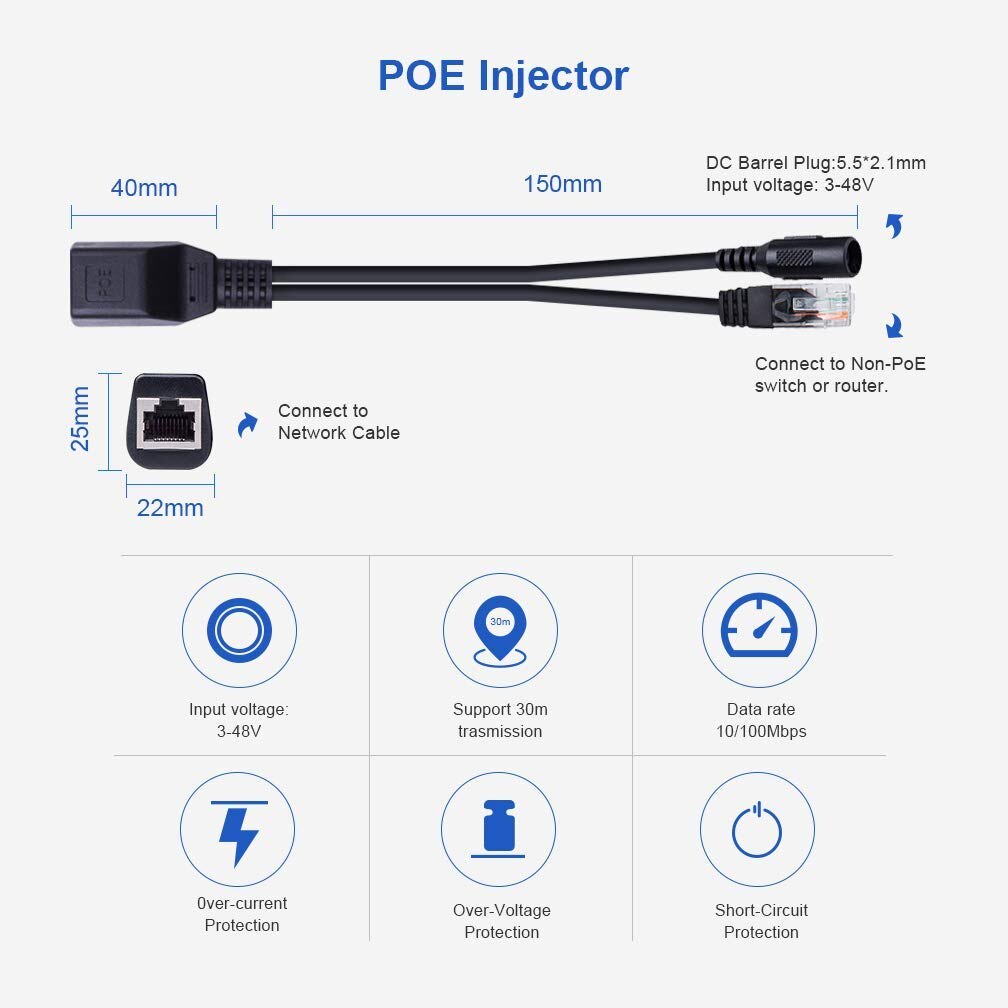 Passive PoE Injector and Splitter Kit 5.5x2.1mm DC Power Adaptor Connector 10/100Mbps for WLAN, Router IP Camera