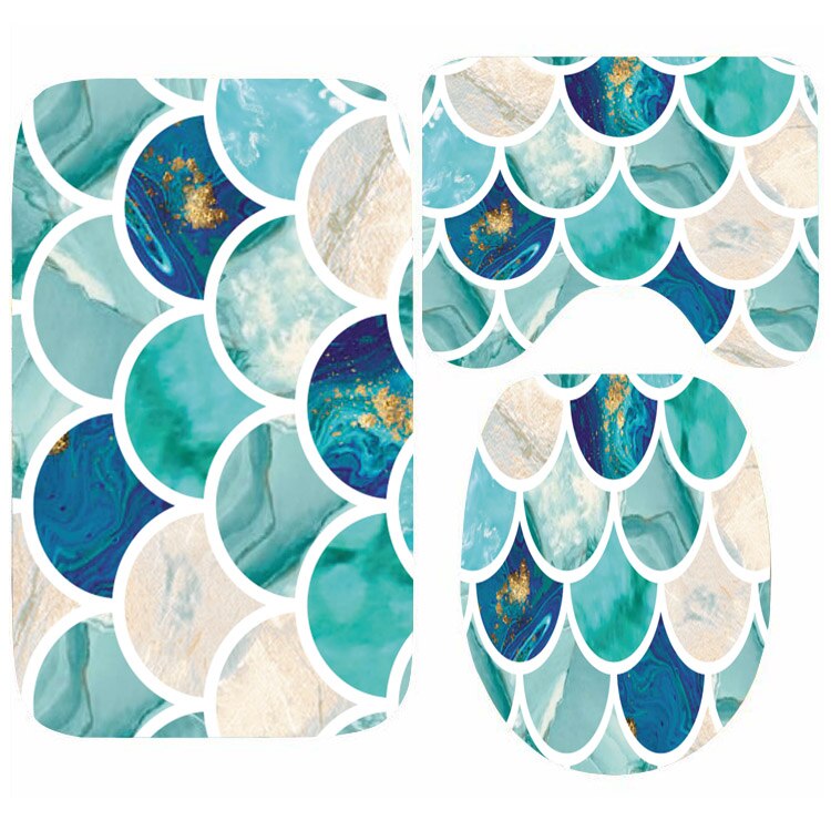 Stilfuld lyserød aqua blå havfrue skalaer badeværelsesmåtte sæt 3 stk farverig mat til toilet tæppe tæppe akvarel brusebad gulvmåtte: B / 45 x 75cm 3 stk