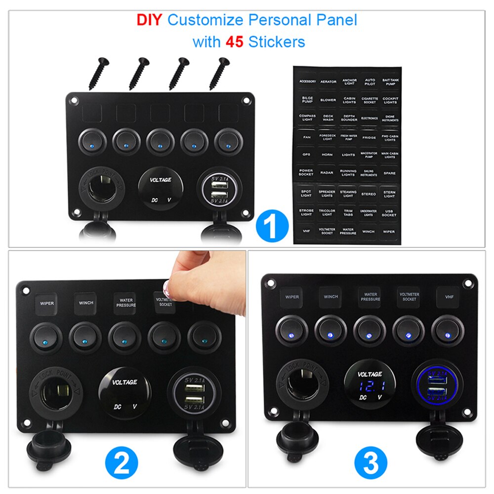 Control Panel Switch 5 Gang On-Off Toggle Usb Charger Car Ship Yacht Combination Panel With Usb Cigarette Lighter Socket