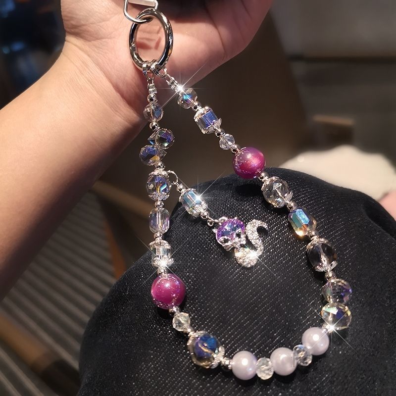 Handmade Beaded Phone Chain Full Diamond Fox Pendant Zircon Pearl Crystal Wrist Style Phone Chain Rope Hanging Rope Lanyard