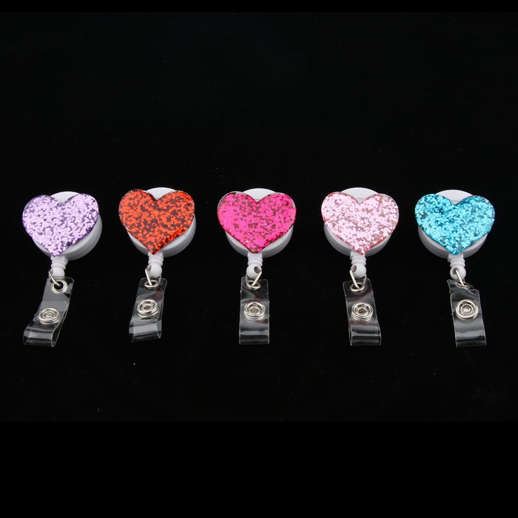 5Pcs Intrekbare Badge Reel Schattige Bling Liefde Hart Id Kaarthouder, Tot 24 Inch