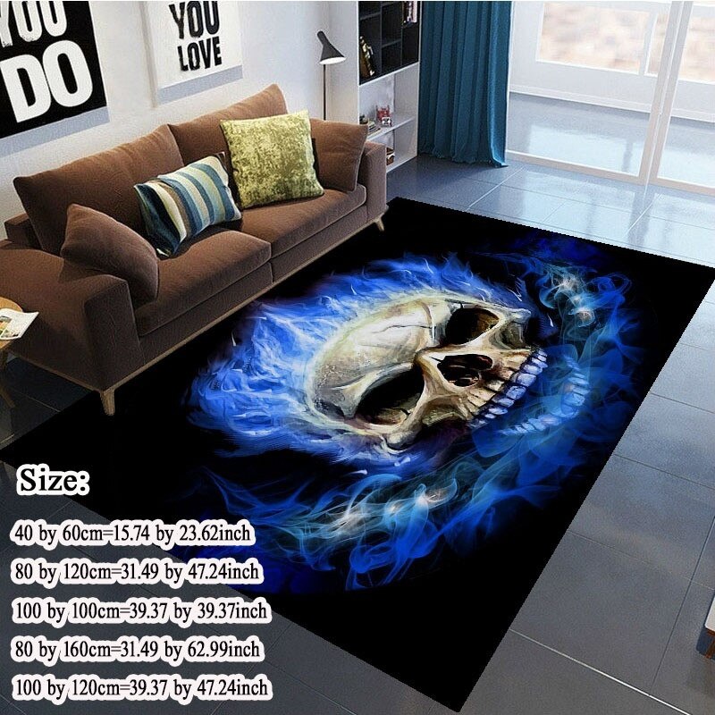 3D Flame Skull Rectangular Floor Carpet Gothic Anti slip Area Rug Bedroom blue flame Decorative Tapete Kids Play Mat 5 Sizes