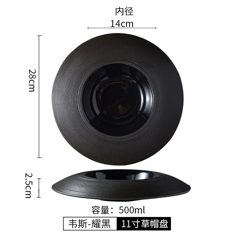 Linear Striped Ceramic Black Dinner Plate Hat Shaped Pasta Salad Plate Bowl Kitchen Cooking Dinner Food Plate Table Decoration: 11 inch-E