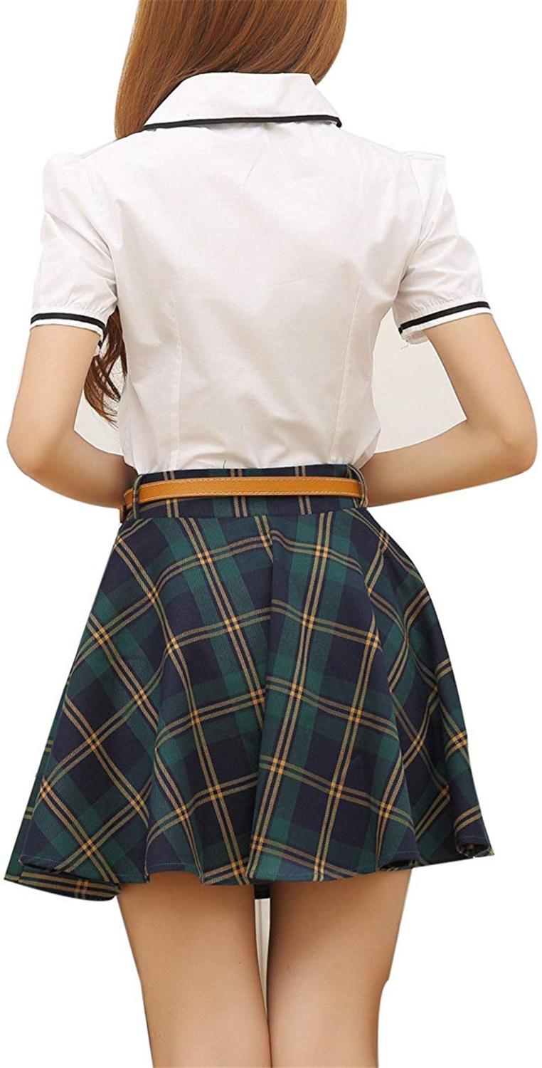 Frauen Und Mädchen Kurzarm Shirt Plaid Rock Schuluniform Plissee Mini Tartan Rock Anzug jubeln Squad Kostüm