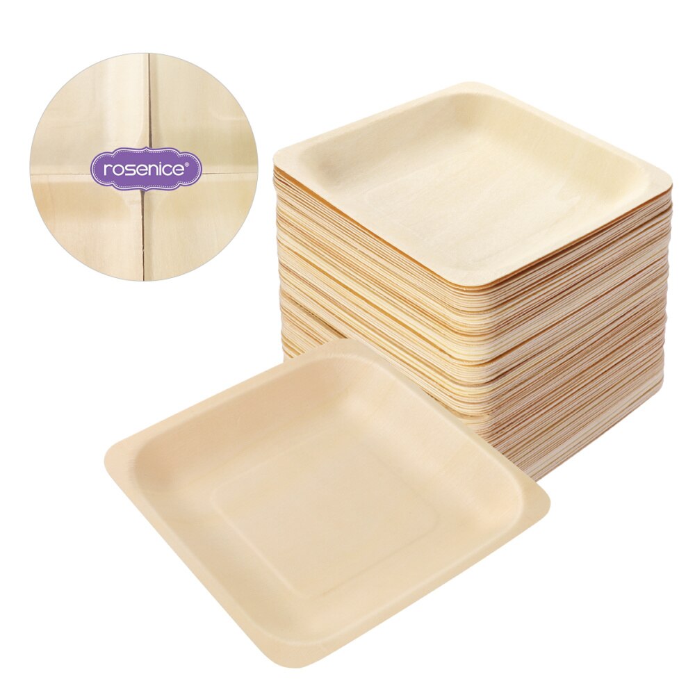 Rosenice 100Pcs Vierkante Wegwerp Houten Plaat Party Borden Servies Voor Bruiloft Restaurant Picknick Verjaardag 140x140mm