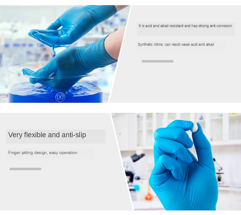 Fabriekspoedervrije, slijtvaste wegwerphandschoenen van nitril, blauwe antislip zuurbestendige laboratoriumhandschoenen van nitril