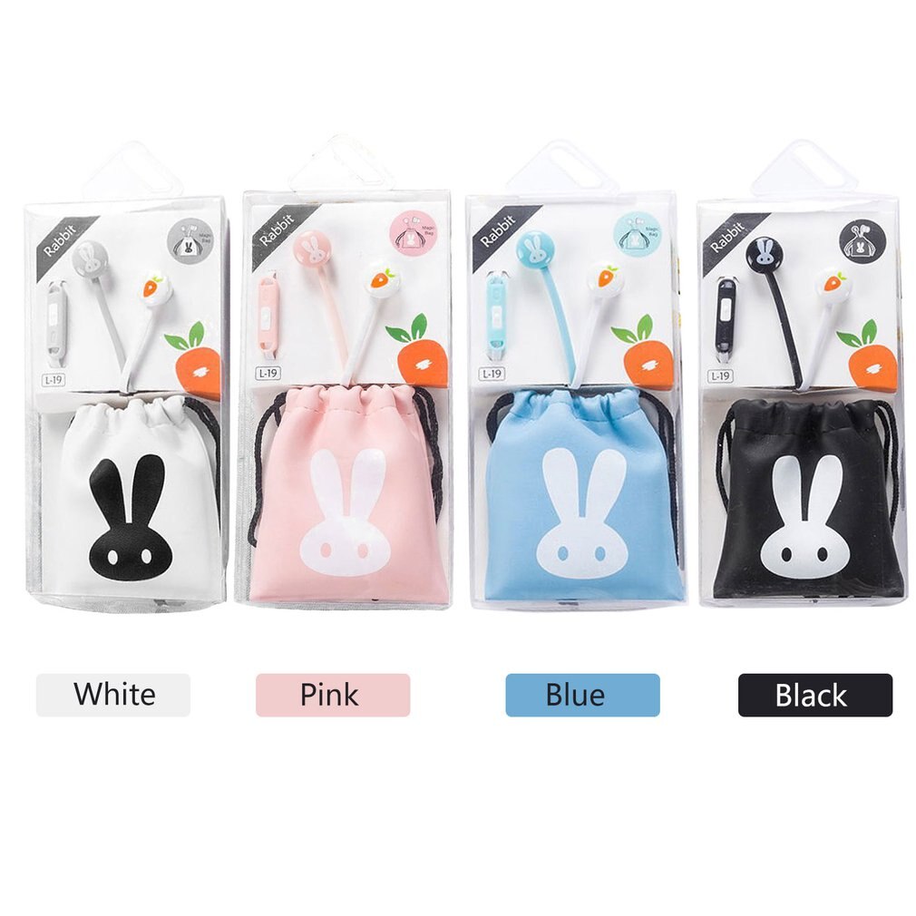 Korean Cartoon Rabbit In-Ear Headphones With Storage Bag Small Headset With Microphone For Apple And Android Systems