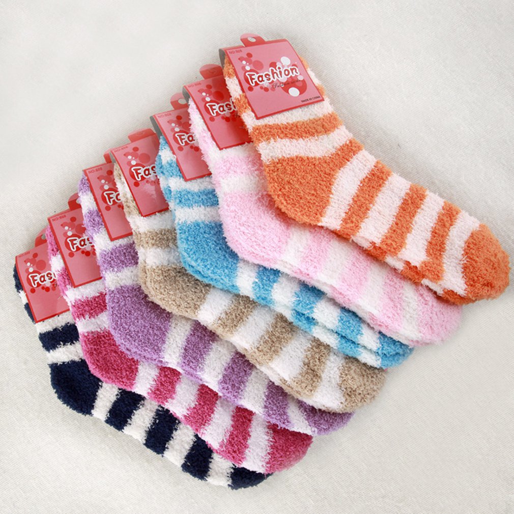 Winter Warm Socks Striped Coral Velvet Soft Bed Floor Socks Fluffy Warm Socks Boys Girls Casual Socks