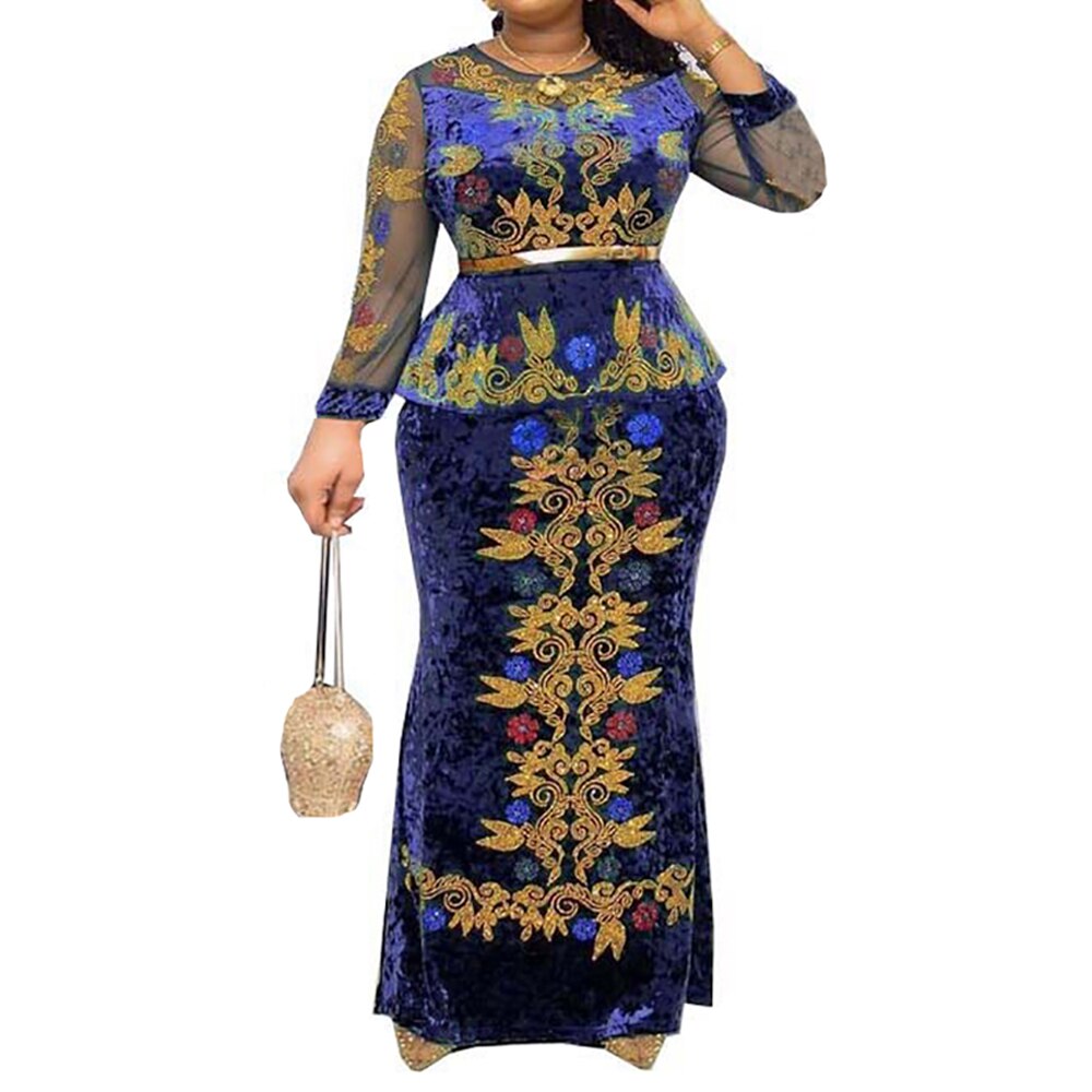 Md luksus verkkohihaiset samettimekot naisille afrikkalainen dashiki brodeerattu pitkä mekko ei headtie nigerialainen viitta juhliin kaftanilla: Sininen / Xxl